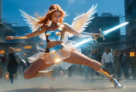 (score_9, result_8_up: 1.11angel-like girl ,(masterpiece:1.1), (best quality:1.1), piercing light, (aesthetics:1.1), (low colors:1.2), BREAK,
<lora:-_SDXL_-_holo_effect_V1.0:1>(poses: jumping, crouching, fly in the sky)((various exposure, front back, side, bottom, top, panorama, portrait, far, close)), ((holds fire sword in hand)) Futuristic epic action scene of an Angel made of translucent materials and its internal structure is clearly visible, emitting light. its precise construction. High-Tech and Futuristic Angel Body Scan Bioluminescence Optical Masterpieces Octane Rendering Unreal Engine
, intricate details, UHDR, 32K,