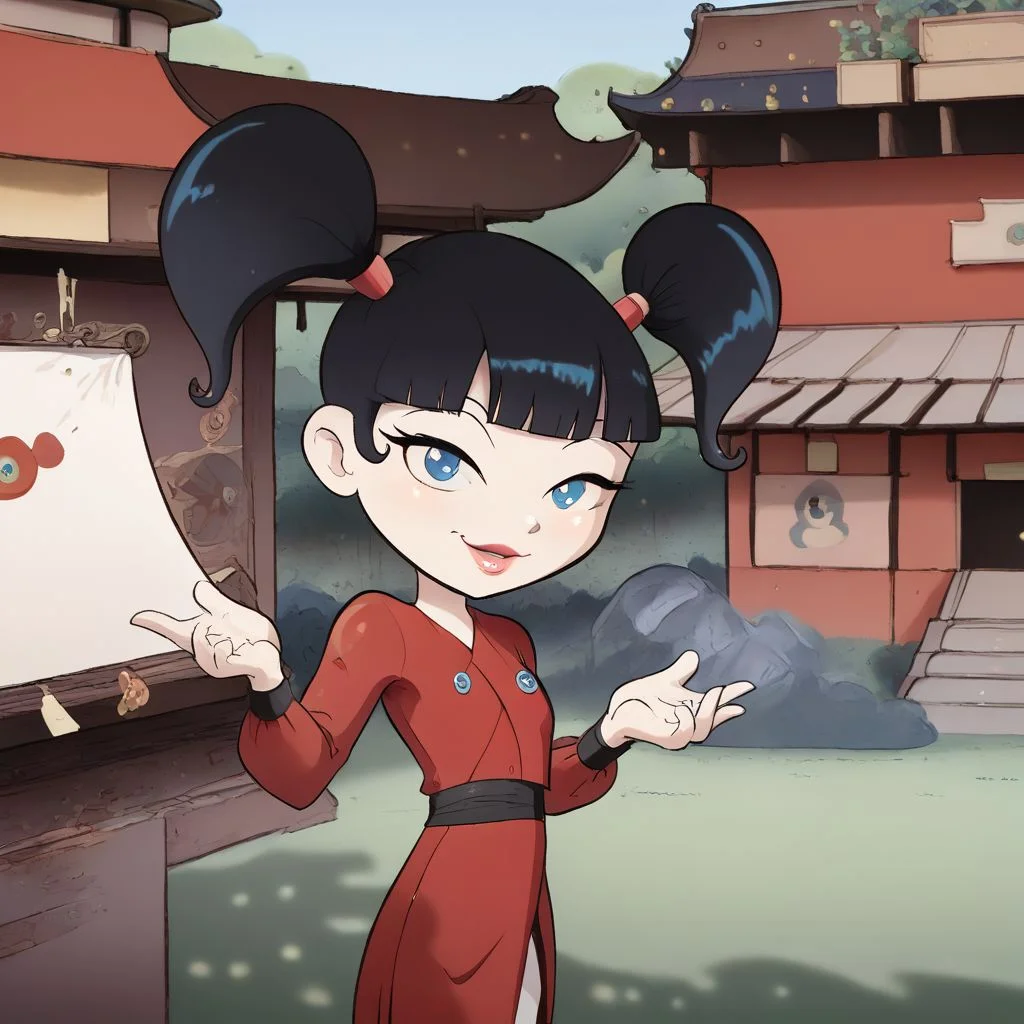 easynegative, kimiko 1girl, black hair, solo, twintails, bangs, smile, long sleeves, red dress, blunt bangs, looking at viewer, lipstick, outside shaolin temple, detailed,