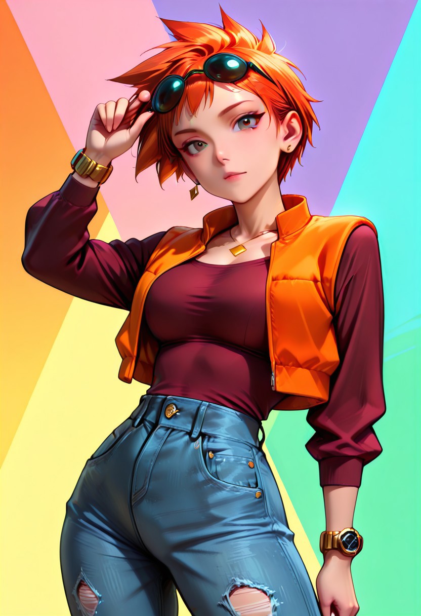 2d, masterpiece, best quality, amazing quality, highres, absurdres, newest, 1girl, solo, cowboy shot, looking at viewer, multicolored background, simple background, colorful background, medium breasts, pkzoey, orange hair, short hair, spiked hair, bangs, necklace, eyewear on head, sunglasses, red shirt, long sleeves, bracelet, orange vest, jeans, denim