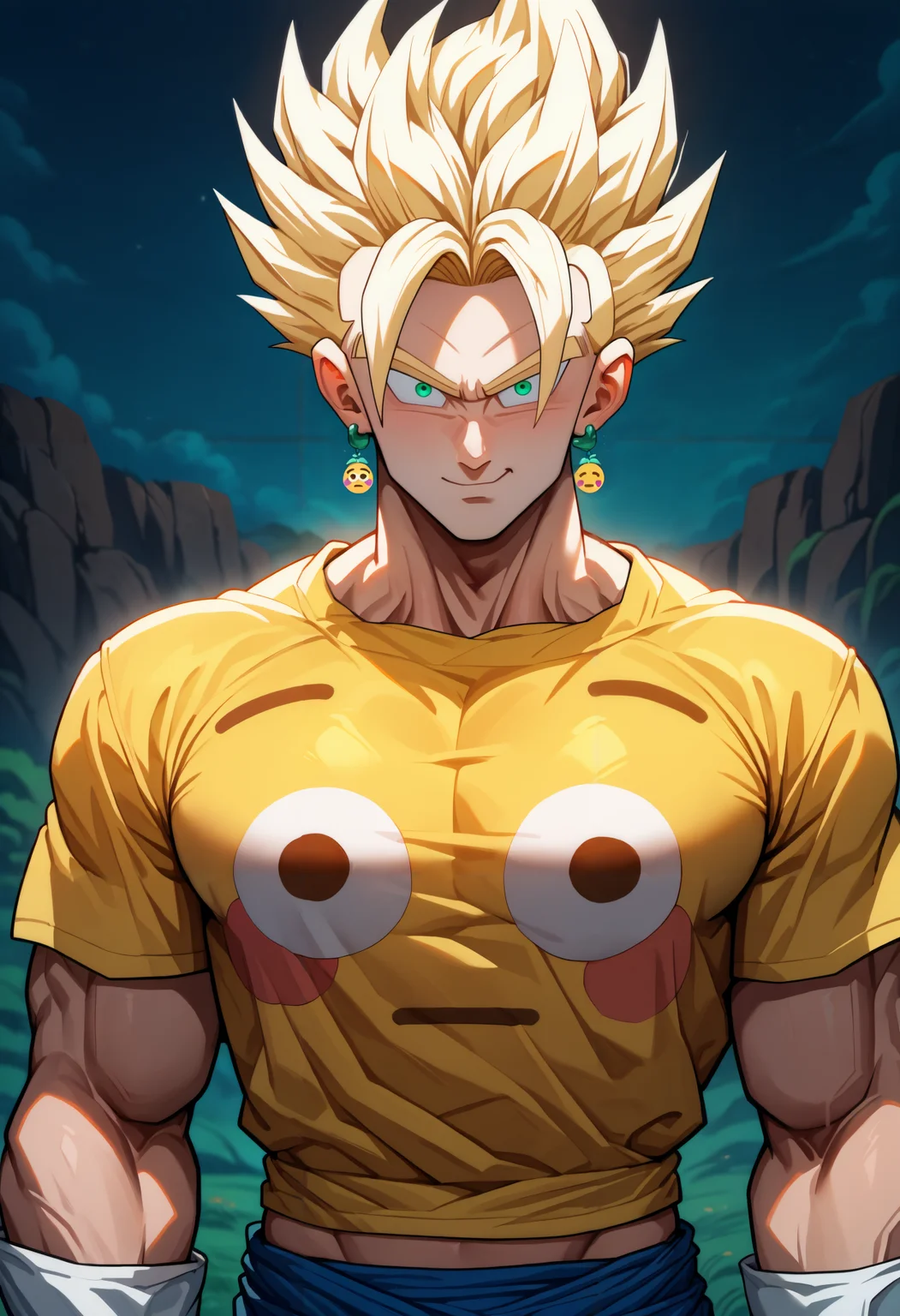 masterpiece, best quality, newest, night, outdoors, closed mouth, 1boy, solo, looking at viewer, smile, <lora:Flushed Face Emoji Shirt:1> yellow shirt, print shirt, t-shirt, emoji, large pectorals, looking at viewer, midriff, crop top,
vegetto, green eyes, spiked hair, blonde hair, white gloves, muscular male, super saiyan, potara earrings, green earrings,
