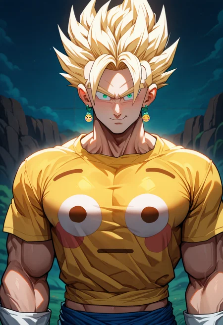 masterpiece, best quality, newest, night, outdoors, closed mouth, 1boy, solo, looking at viewer, smile, <lora:Flushed Face Emoji Shirt:1> yellow shirt, print shirt, t-shirt, emoji, large pectorals, looking at viewer, midriff, crop top,
vegetto, green eyes, spiked hair, blonde hair, white gloves, muscular male, super saiyan, potara earrings, green earrings,