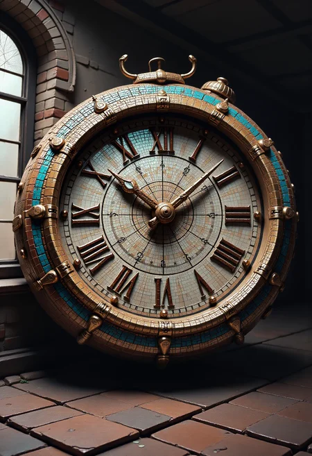 A surreal big digital clock made of colorful mosaic, intricate details, dynamic lighting, art, in an abandoned room