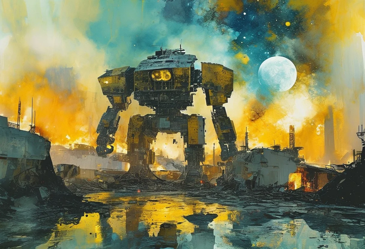 Cinematic composition perspective, Fractured, impressionistic bidimensional futuristic city, watercolor (klimt:1.4) dadaistic collage (by Bill Sienkiewicz:1.5), a giant mech is overlooking a spaceport in flames on an alien planet, the broken moon can be seen low in the sky. Resplendent spotlighting. Masterpiece, very high level of detail.