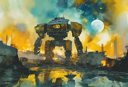 Cinematic composition perspective, Fractured, impressionistic bidimensional futuristic city, watercolor (klimt:1.4) dadaistic collage (by Bill Sienkiewicz:1.5), a giant mech is overlooking a spaceport in flames on an alien planet, the broken moon can be seen low in the sky. Resplendent spotlighting. Masterpiece, very high level of detail.