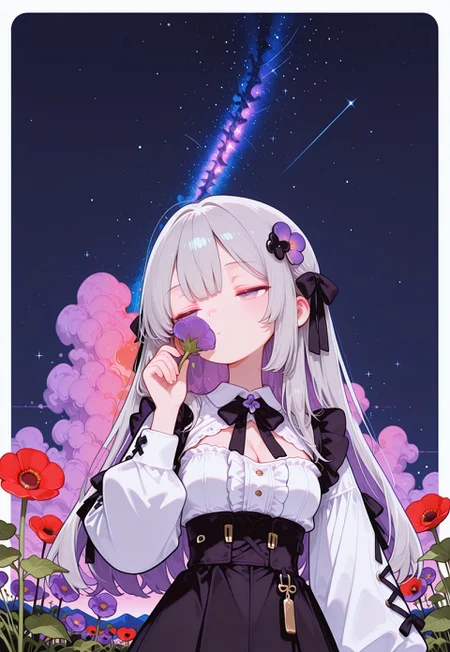 masterpiece, best quality, good quality, newest, highres, absurdres, from below,

pastel cyan eyes, grey hair, multi colored hair, long hair, hair ornament, twintale, half closed eyes, dazed, emotionless, small breasts, cleavage,
white shirt, frills, long sleeves, dark black   skirt, center frills,
frilled skirt, high-waist skirt, puffy long sleeves, black bow, collared shirt, puffy sleeves,

1girl, solo, upper body, poppies, hand up, smelling poppy, looking to the side, leaf, red poppies, purple poppies, gradient dark blue background with thick white border, symmetrical clouds, mountains in background, milky way in sky,

laced sleeves,  Flat vector illustration, fl4t,