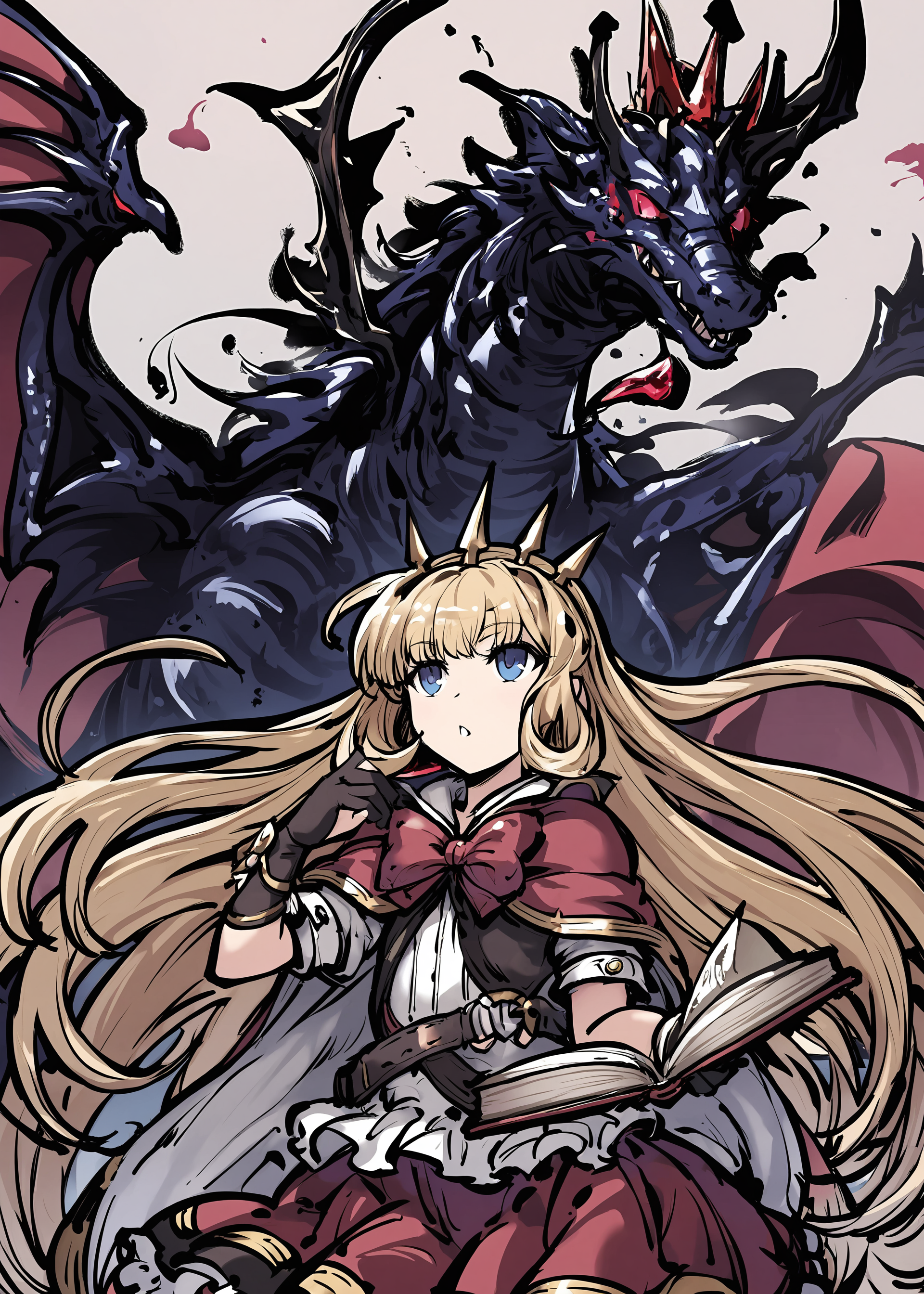 1girl,
cagliostro \(granblue fantasy\),
tokiame,
ink, dress, black gloves, red skirt, partially fingerless gloves, shirt, white shirt, solo, book, frilled gloves, red bowtie, blonde hair, gem, bowtie, long hair, red bow, bow, very long hair, blue eyes, elbow gloves, frills, black dress, dragon, looking up, cape, bracer, red cape, wrist cuffs, crown, gloves, skirt,
masterpiece, newest, absurdres, safe
<lora:a31_style_tokiame_v2:1>  ,
