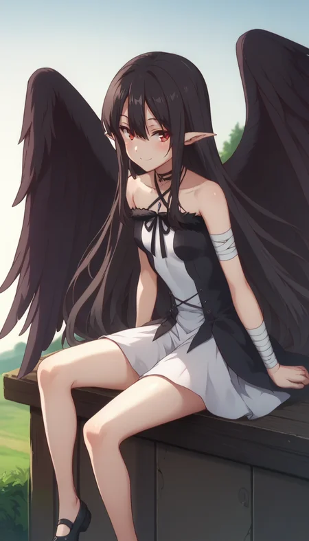 score_9,score_8_up,score_7_up,score_6_up BREAK official art,solo,outdoors,upper body,(portrait:1.5),looking at viewer,facing viewer,smile,blush,Eve,very long hair,black hair,shiny hair,hair intakes,pointy ears,sidelocks,hair between eyes,parted bangs,red eyes,jewelry,choker,necklace,bare shoulders,collarbone,halterneck,black coat,white dress,sleeveless dress,halter dress,strapless dress,criss-cross halter,black ribbon,fur trim,small breasts,bandaged arm,black wings,feathered wings,black feathers,bare legs,no socks,mary janes,black footwear,<lora:Eve(rh)-Pony:1.6>,