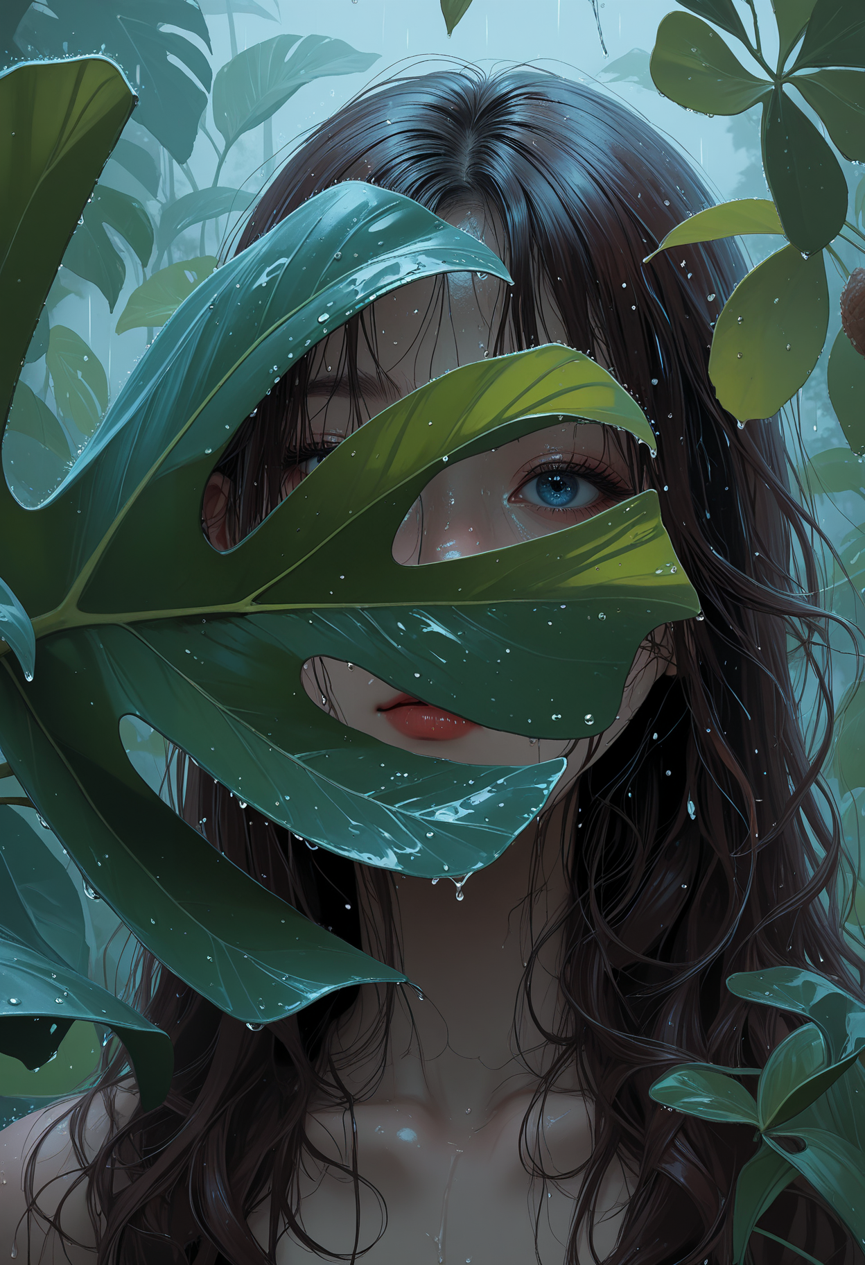 masterpiece, best quality, amazing quality, very aesthetic, absurdres, newest, scenery, anime coloring, flat color,
1girl, solo, asian, brown hair, long hair, curly hair, blue eyes, detailed eyes, hair over shoulder, bare shoulders, partially_hidden, hair in face, 
wet hair, rain, raining, fog,
plants, leaves, fruit, tropical_leaves, monstera_leaf, foliage, hidden_in_foliage, nature background, 
close-up, framed_by_leaves, one eye visible, centered_composition, soft lighting, natural_light, moody_lighting, shadowed_face, mysterious,