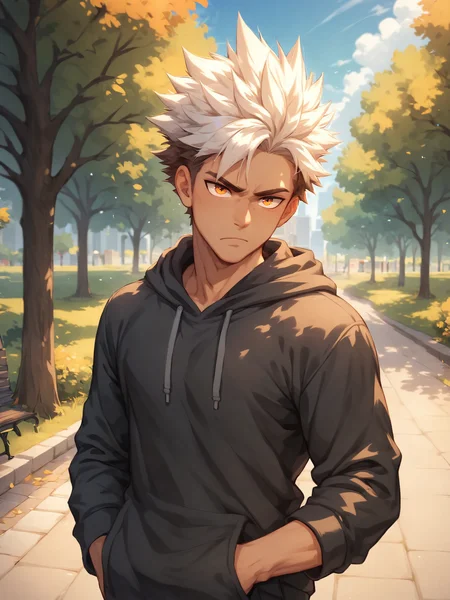 score_9,score_8_up, male focus,solo,brown hair,white hair,orange eyes,spiked hair,<lora:xl_more_art-full_v1:0.5>,<lora:add-detail-xl:1>,<lora:AIDudes-Mateo-000003:0.8>,âfantasy, indoors,park, serious,black hoodie,,âââ