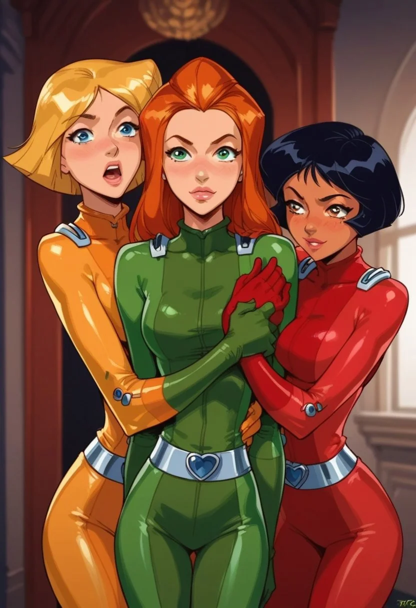 masterpiece,best quality, highly detailed, score_9, score_8_up, score_7_up, score_6_up, source_cartoon, BREAK, 1girls, 3girls, multiple girls, \(totally spies\), samts, alexts, cloverts, orange hair, green eyes, blonde hair, blue eyes, brown hair, brown eyes, red bodysuit, green bodysuit, yellow bodysuit,