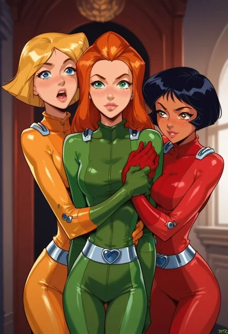 masterpiece,best quality, highly detailed, score_9, score_8_up, score_7_up, score_6_up, source_cartoon, BREAK, 1girls, 3girls, multiple girls, \(totally spies\), samts, alexts, cloverts, orange hair, green eyes, blonde hair, blue eyes, brown hair, brown eyes, red bodysuit, green bodysuit, yellow bodysuit,