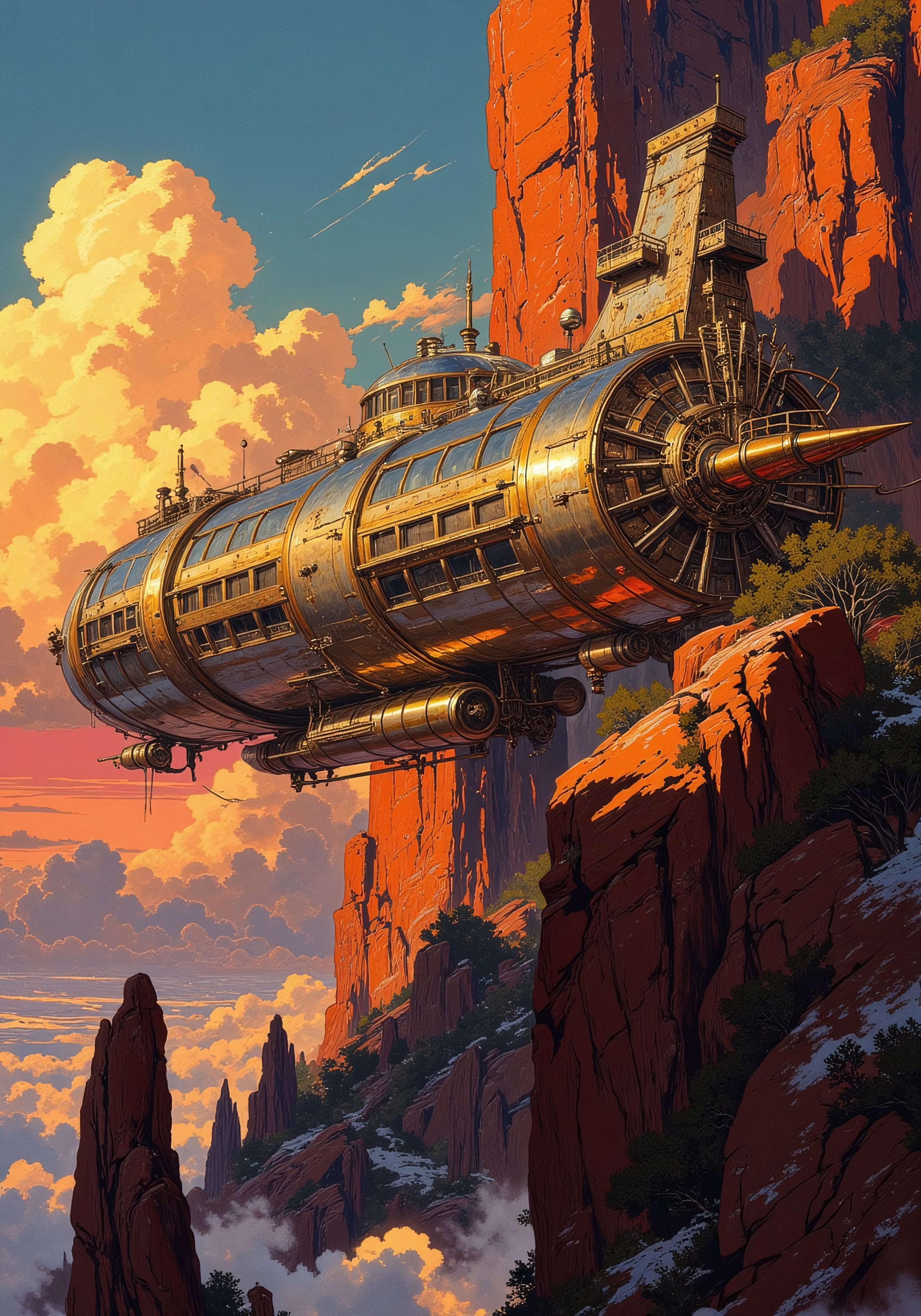 A breathtaking wide shot of a futuristic Art Deco-style airship hovers gracefully, its sleek metallic hull adorned with elegant gold detailing. The ship’s elongated, streamlined form features intricate filigree, large observation windows, and gently glowing propulsion systems, exuding an air of luxury and sophistication. featuring grand arched windows, intricate golden railings, and mechanical gears seamlessly integrated into the design. It flies over colossal cliffs at sunset, rim lit, overlooking a landscape of towering rock pinnacles that rise dramatically into the sky. The towering rock pinnacles dominate the background, lit by golden sunset light, their immense, monolithic forms creating a sense of awe and wonder. Clouds are rim lit with hues of Orange and red. High detail, painterly textures, 8K resolution, atmospheric depth, concept art, mysterious and adventurous tone. DB4RZ, DB4RZ style painting, Anime art