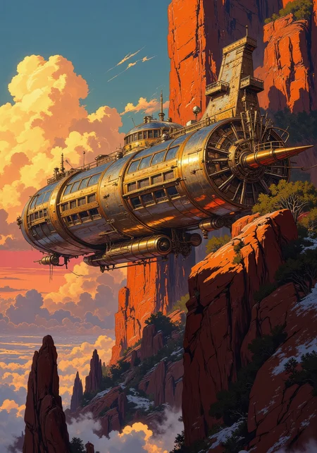 A breathtaking wide shot of a futuristic Art Deco-style airship hovers gracefully, its sleek metallic hull adorned with elegant gold detailing. The ship’s elongated, streamlined form features intricate filigree, large observation windows, and gently glowing propulsion systems, exuding an air of luxury and sophistication. featuring grand arched windows, intricate golden railings, and mechanical gears seamlessly integrated into the design. It flies over colossal cliffs at sunset, rim lit, overlooking a landscape of towering rock pinnacles that rise dramatically into the sky. The towering rock pinnacles dominate the background, lit by golden sunset light, their immense, monolithic forms creating a sense of awe and wonder. Clouds are rim lit with hues of Orange and red. High detail, painterly textures, 8K resolution, atmospheric depth, concept art, mysterious and adventurous tone. DB4RZ, DB4RZ style painting, Anime art