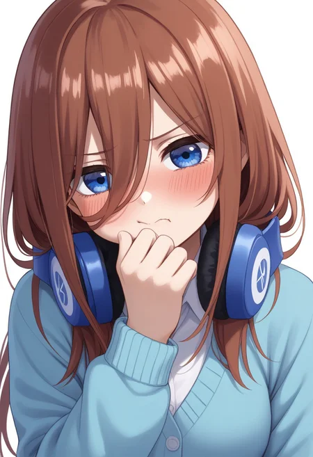 1girl, nakano miku, Go-Toubun no Hanayome, headphones around neck, puffing cheeks, angry expression, slightly blushing, embarrassed look, headphones, solo, pout, hair between eyes, blue eyes, blue cardigan, long hair, :t, brown hair, blush, shirt, white shirt, simple background, cardigan