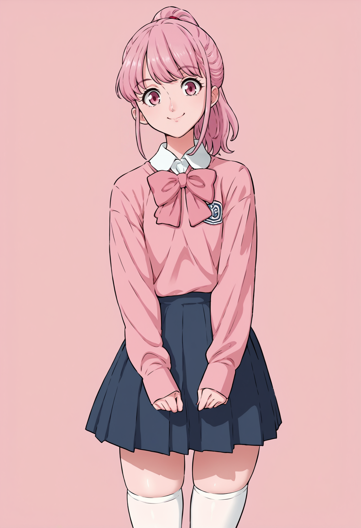 score_9, score_8_up, score_7_up,
 <lora:Dozamura_Style_PonyXL:1> d0z0mur4_sknsfw,
1girl, solo, 
standing, 
looking at viewer, happy, closed mouth, 
pink hair, ponytail, pink eyes, 
school uniform, bow, long sleeves, 
skirt, skindentation, thighhighs, 
pink background, simple background,