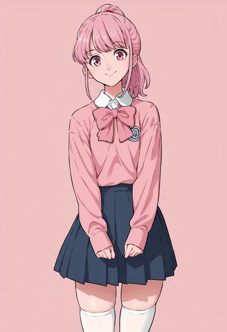 score_9, score_8_up, score_7_up,
<lora:Dozamura_Style_PonyXL:1> d0z0mur4_sknsfw,
1girl, solo,
standing,
looking at viewer, happy, closed mouth,
pink hair, ponytail, pink eyes,
school uniform, bow, long sleeves,
skirt, skindentation, thighhighs,
pink background, simple background,