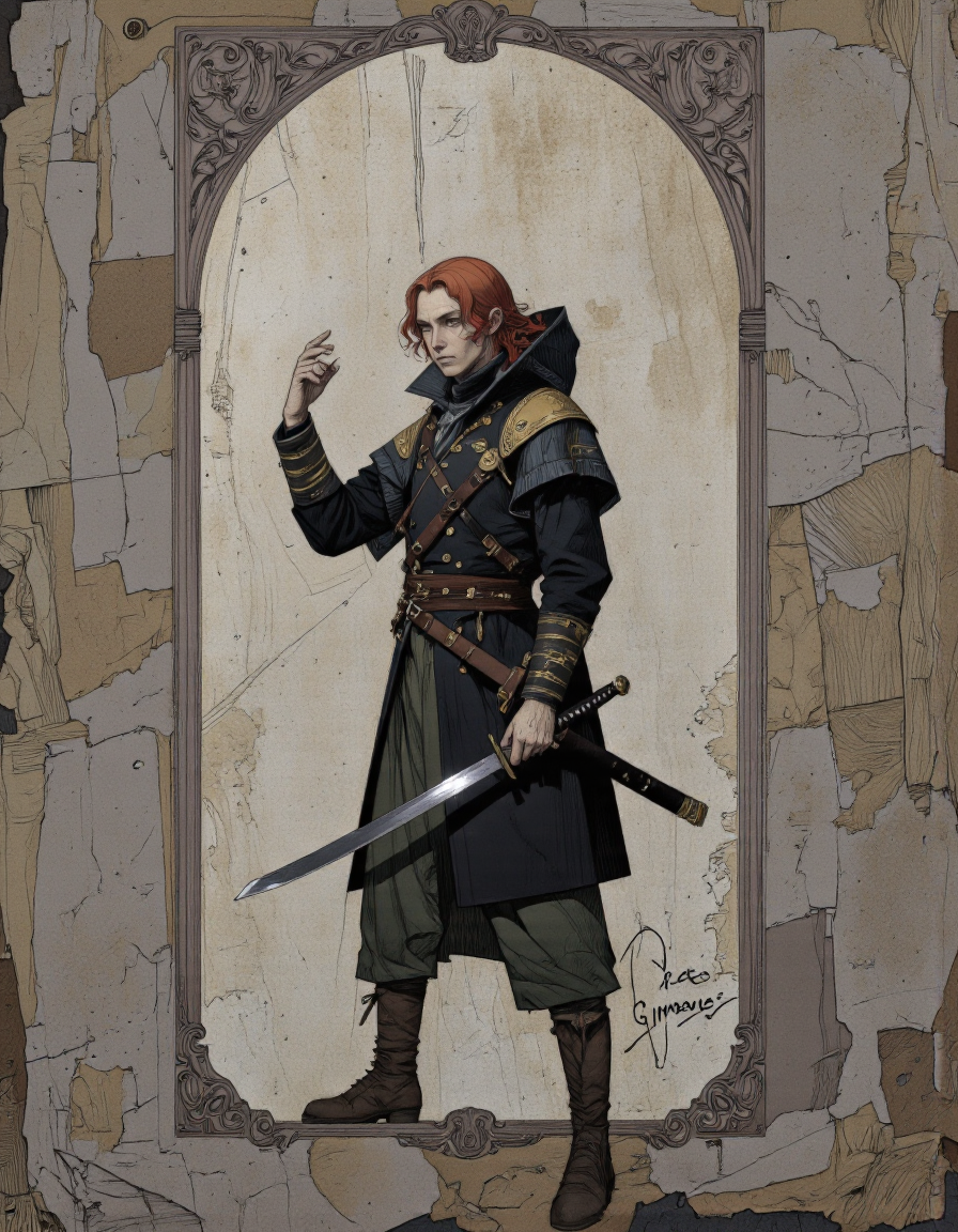 Art by Paco Gimenez. A digital illustration taken from a full-length camera angle of a male character with long red hair, dressed in dark attire, holding a sword in his right hand, against a textured, grunge background. The character has a serious expression, looking straight at the viewer. He wears a long black coat with gold buttons, dark green pants, and brown boots. In his right hand, he holds a katana, and his left hand is raised, as if ready to strike. The background is a rough, textured surface with a muted color palette, giving the image a sense of depth and atmosphere. The artist's signature is in the lower right corner, adding a personal touch to the image.