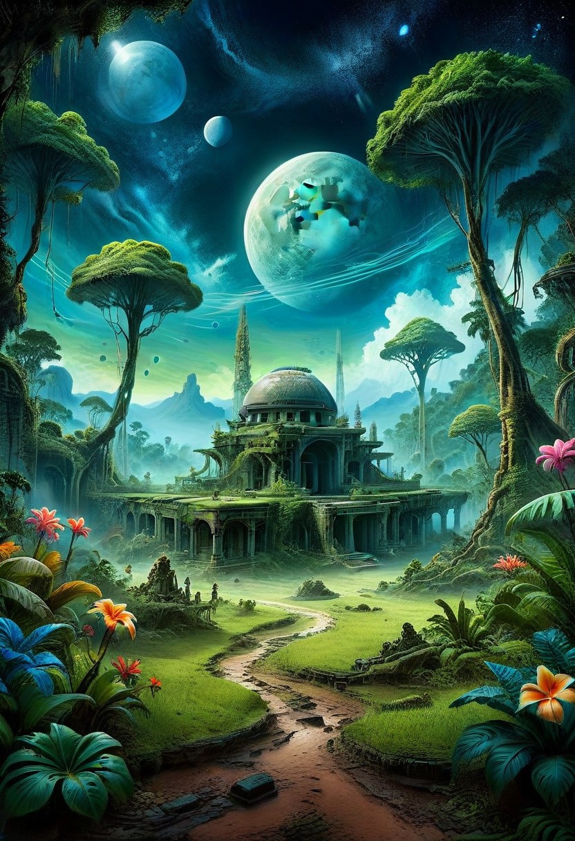 Concept Art, (masterpiece: 0.3) high detailed, bright natural lighting, shadows, high contrast, a tropical Forest in alien planet, two big moons in sky, Old civilization ruins, seeing (mythical alien like not on earth plantations Neon lights on Flower kind plants) Trees plants and flowers from the ground, view from below, atmospheric dreamscape painting, dream scenery art, highly detailed visionary art, cgi style, vibrant oil painting, splash art, Cozy mystery, masterpiece 8k wallpapper, neoplasticism, Unreal Engine, dramatic lightingvines, overgrown, ink stains, ink splatters, ink runs, ink spots, faded ink,ral-dissolve, linquivera, liiv1, on parchment