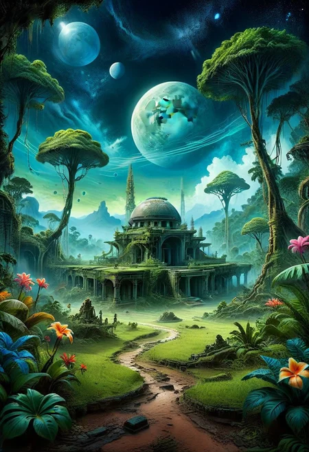 Concept Art, (masterpiece: 0.3) high detailed, bright natural lighting, shadows, high contrast, a tropical Forest in alien planet, two big moons in sky, Old civilization ruins, seeing (mythical alien like not on earth plantations Neon lights on Flower kind plants) Trees plants and flowers from the ground, view from below, atmospheric dreamscape painting, dream scenery art, highly detailed visionary art, cgi style, vibrant oil painting, splash art, Cozy mystery, masterpiece 8k wallpapper, neoplasticism, Unreal Engine, dramatic lightingvines, overgrown, ink stains, ink splatters, ink runs, ink spots, faded ink,ral-dissolve, linquivera, liiv1, on parchment