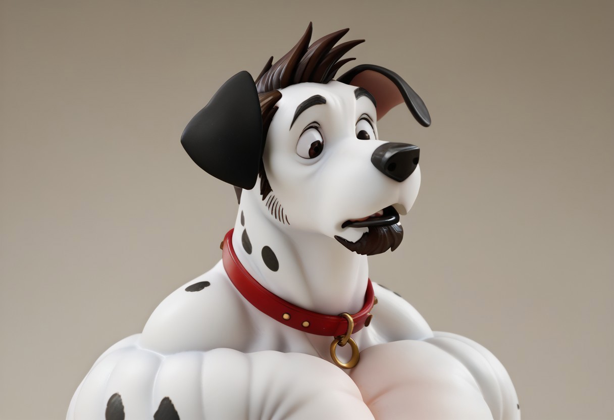 score_9, score_8_up, score_7_up, score_6_up, score_5_up, score_4_up, ((realistic, detailed face, detailed eyes, detailed fur,)) headshot, 
BREAK
Pongo, Dalmatian, Red Collar, White Fur with Black Spots, black ears, Fur-GnS, Goatee, Chin Goatee, Facial Hair, Sideburns, muttonchops, short hair, buzzed hair, brown hair, hyper muscles, hyper breasts, transformation, paned expression, huge chin, cheekbones, hyper-masculine face, bytransform, big black lip