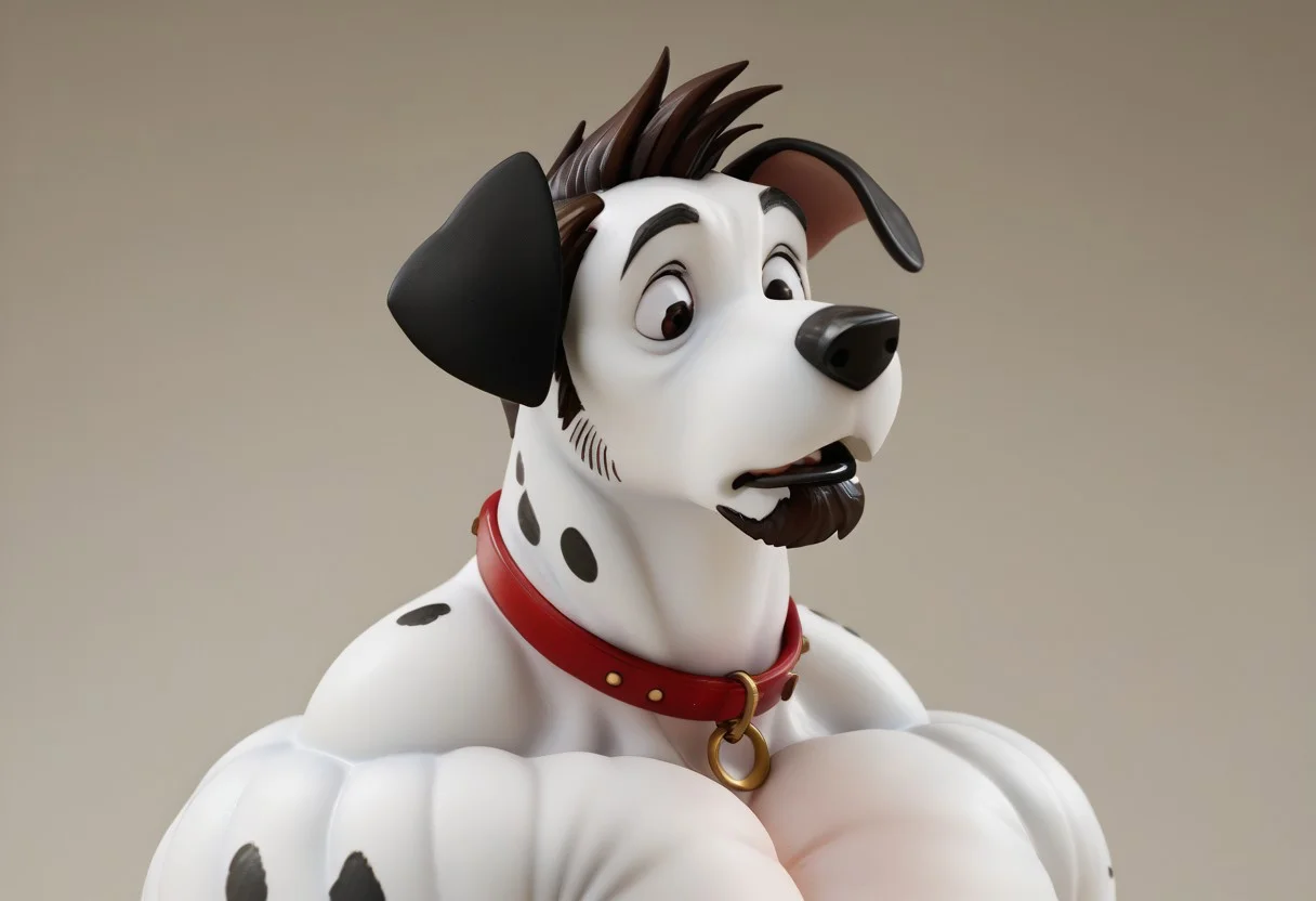score_9, score_8_up, score_7_up, score_6_up, score_5_up, score_4_up, ((realistic, detailed face, detailed eyes, detailed fur,)) headshot, 
BREAK
Pongo, Dalmatian, Red Collar, White Fur with Black Spots, black ears, Fur-GnS, Goatee, Chin Goatee, Facial Hair, Sideburns, muttonchops, short hair, buzzed hair, brown hair, hyper muscles, hyper breasts, transformation, paned expression, huge chin, cheekbones, hyper-masculine face, bytransform, big black lip