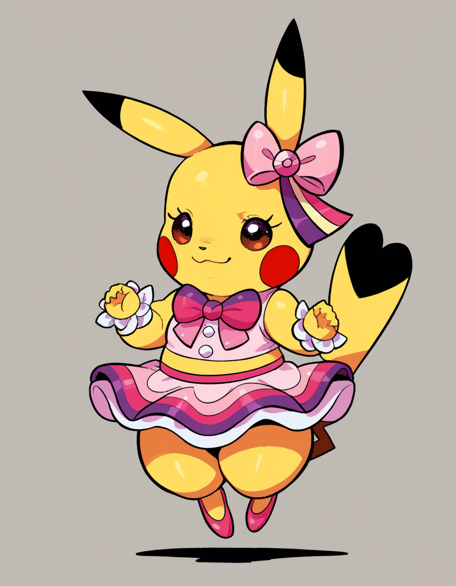 zPDXL, score_9, score_8_up, score_7_up, score_6_up, score_5_up, source_anime, 4k, absurdres, 1girl, solo, 
<lora:Cosplaychu_v1-1-20:0.8>, cosplay pikachu, pokemon \(creature\), pikachu ears, pikachu tail, feral, eyelashes, shortstack, flat chest,
popchu, pink ribbon, ear ribbon, pink skirt, pink tank top, frilled cuffs, pink footwear