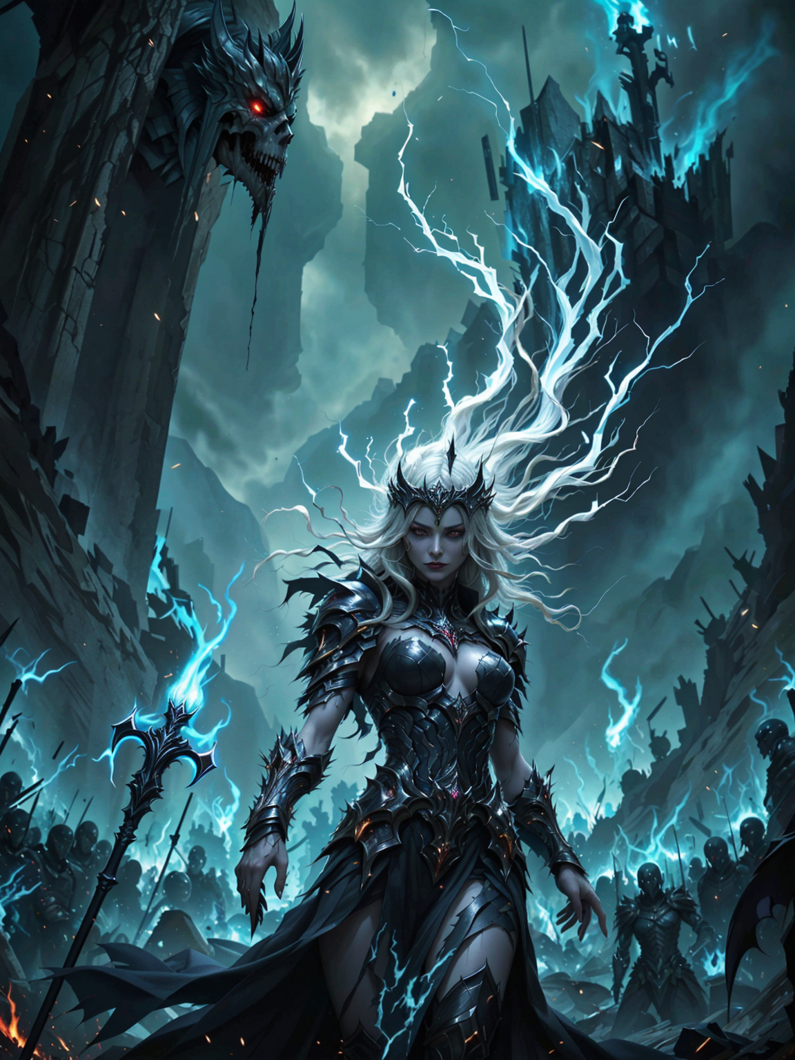 VALHERO, art, painting,score_9, score_8_up, score_7_up, Portrait,  An ominous and epic scene of Hel, the goddess of death and ruler of the underworld, commanding her forces in a shadowy, otherworldly battle. She stands at the heart of a vast, desolate battlefield shrouded in eerie mist, her half-living, half-dead visage illuminated by the ghostly glow of spectral flames. In her hand, she wields a staff imbued with the power of the underworld, pulsing with dark energy that twists the air around it. Helâs undead army rises from the ground behind herâskeletons and ghostly warriors bound to her willâmarching forward with chilling precision. <lora:Heroes_of_Valhalla_PONY:1.0>