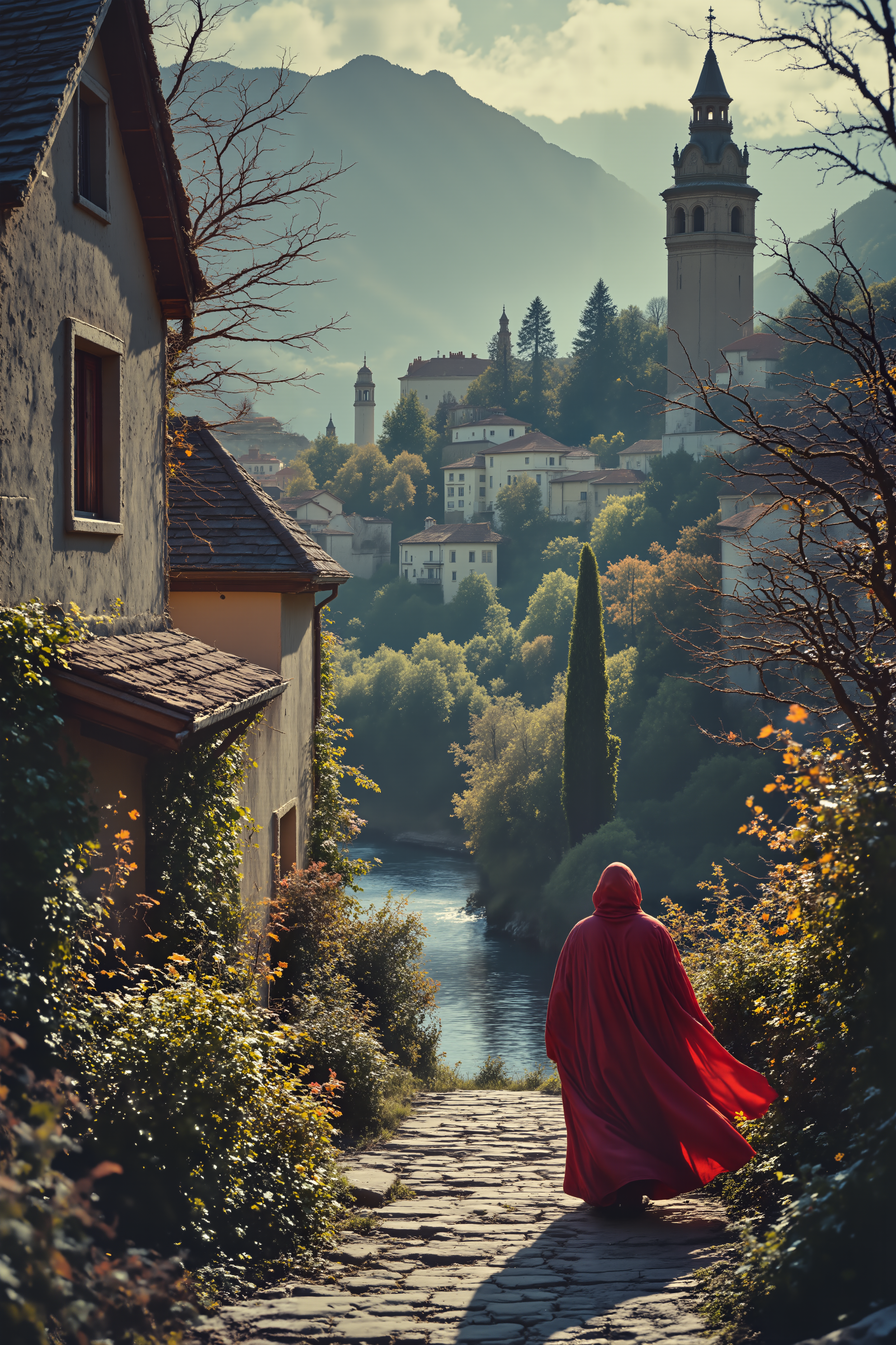 a nice village with a river access and a tower. A closeup of mysterious man in red cloak passing stealthy in the streets. , detailed background  Fantastic lighting. Detailed shadows.intricate details, vivid colors, hyper-detailed, ultra-sharp, High resolution, high detail. Highly detailed. <lora:OBæç«å¾äººåæå½±Instant camera portrait photography V2.0:1.0>, <lora:Dark side of light:0.55>, <lora:aidmaFLUXPro1.1-FLUX-v0.3:1.0>, <lora:Glitchcore_Flux:0.8>,