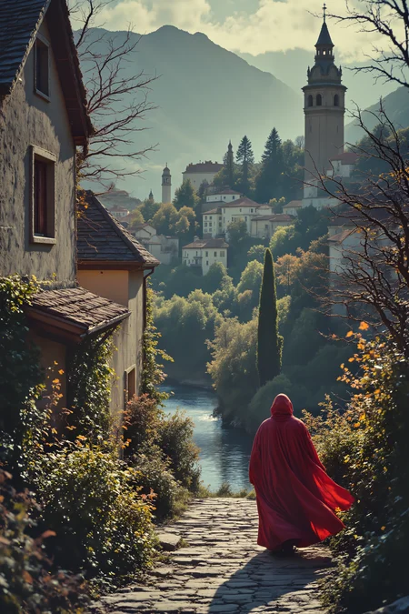 a nice village with a river access and a tower. A closeup of mysterious man in red cloak passing stealthy in the streets. , detailed background Fantastic lighting. Detailed shadows.intricate details, vivid colors, hyper-detailed, ultra-sharp, High resolution, high detail. Highly detailed. <lora:OBæç«å¾äººåæå½±Instant camera portrait photography V2.0:1.0>, <lora:Dark side of light:0.55>, <lora:aidmaFLUXPro1.1-FLUX-v0.3:1.0>, <lora:Glitchcore_Flux:0.8>,