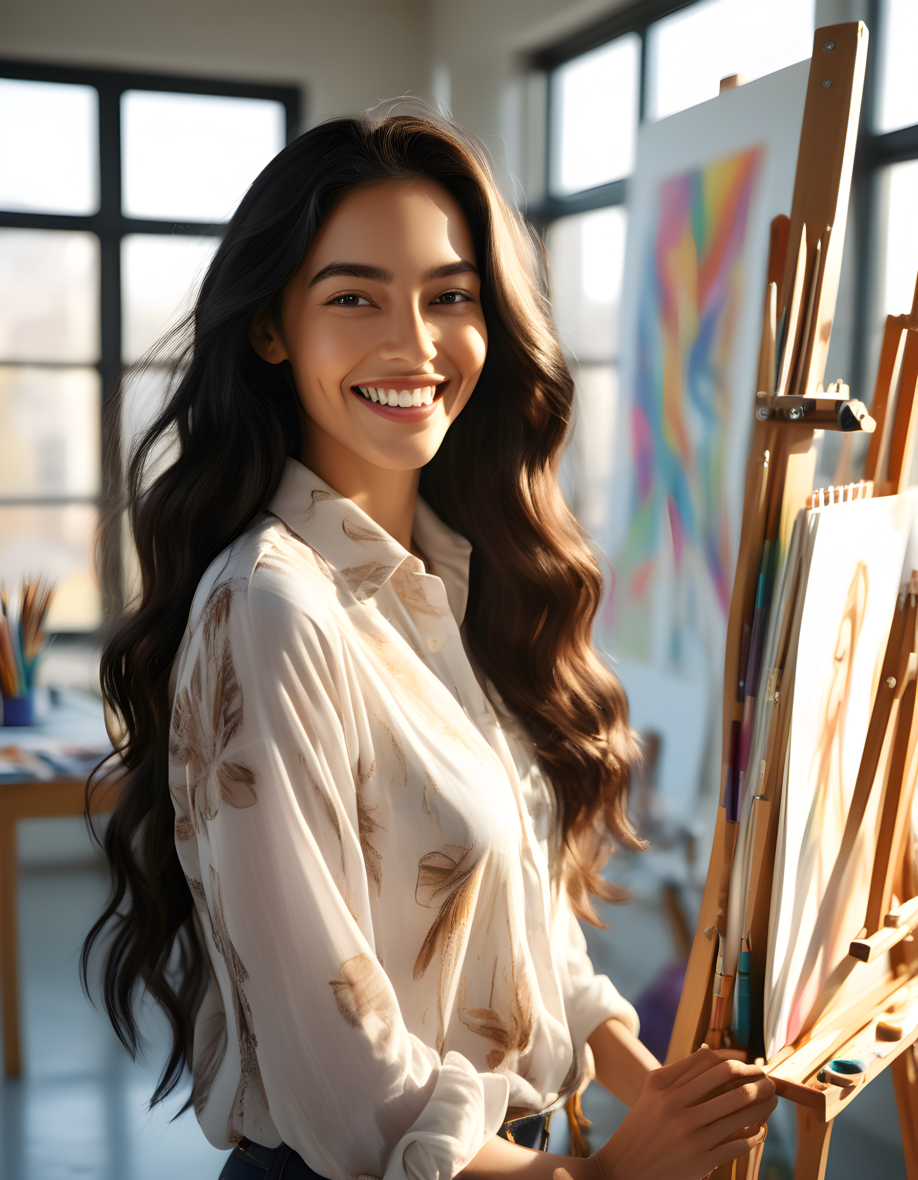In a vibrant, open-air art studio bathed in soft, warm sunlight filtering through the large, unobtrusive windows, a radiant woman named N4NCYJMM, her long, wavy black hair cascading down her shoulders, stands facing the camera. Her eyes, brown and expressive as they are, sparkle with an infectious smile that reveals perfect, gleaming white teeth. She wears a stylish, long-sleeved shirt of rich hue, the fabric billowing gently in the slight breeze wafting through the room. The artist's easel and various art supplies can be seen in the background, hinting at her creative passion, as she confidently poses for this captivating portrait.