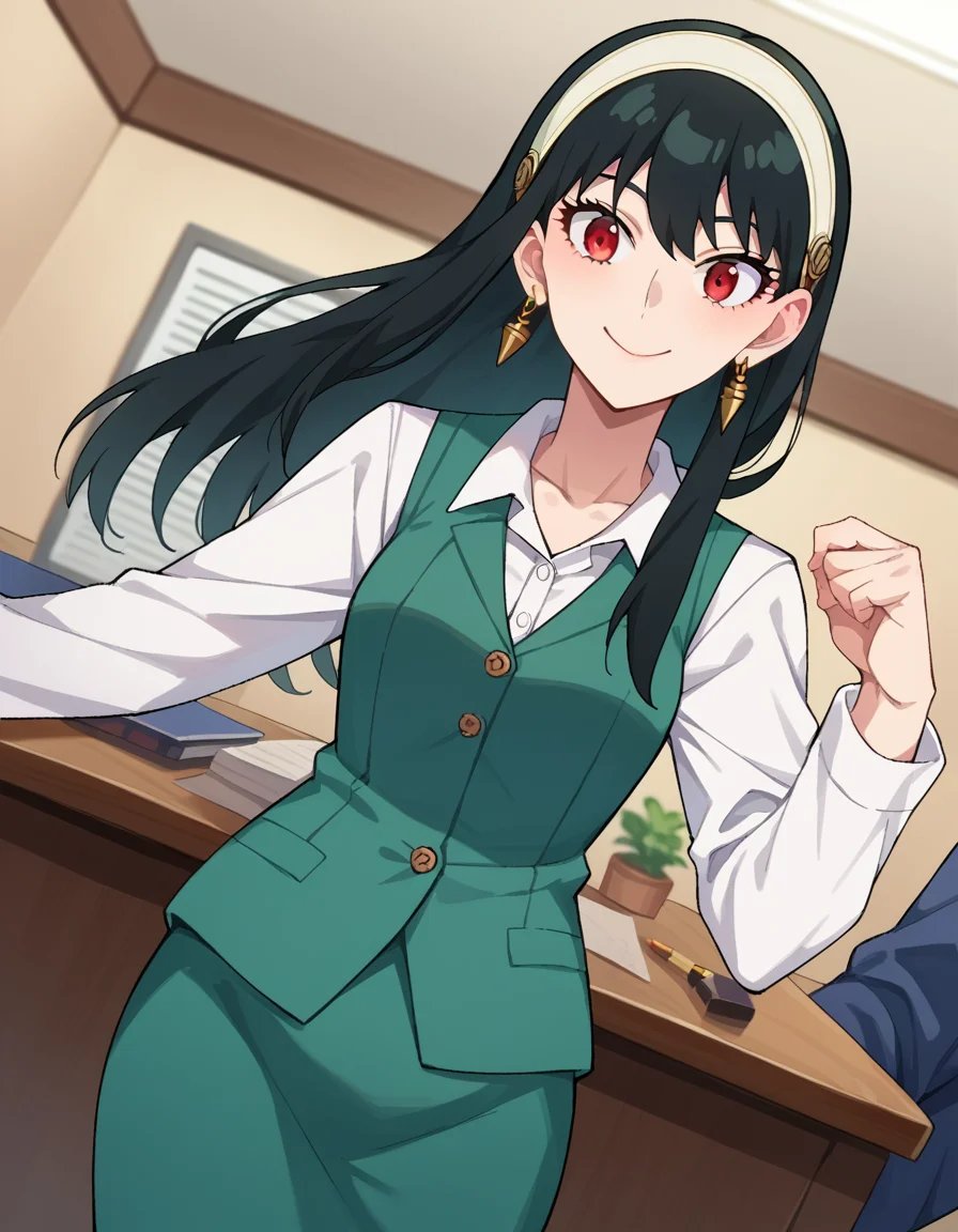 score_9, score_8_up, score_7_up, source_anime, 
yorbriar, <lora:yor-briar-ponyxl-lora-nochekaiser:1>, 
yor briar, black hair, red eyes, earrings, white hairband, hairband, long hair, sidelocks, smile,
skirt, shirt, long sleeves, white shirt, earrings, collared shirt, vest, green skirt, pencil skirt, office lady, green vest,
indoors, office,
looking at viewer, cowboy shot, dutch angle, dynamic pose,