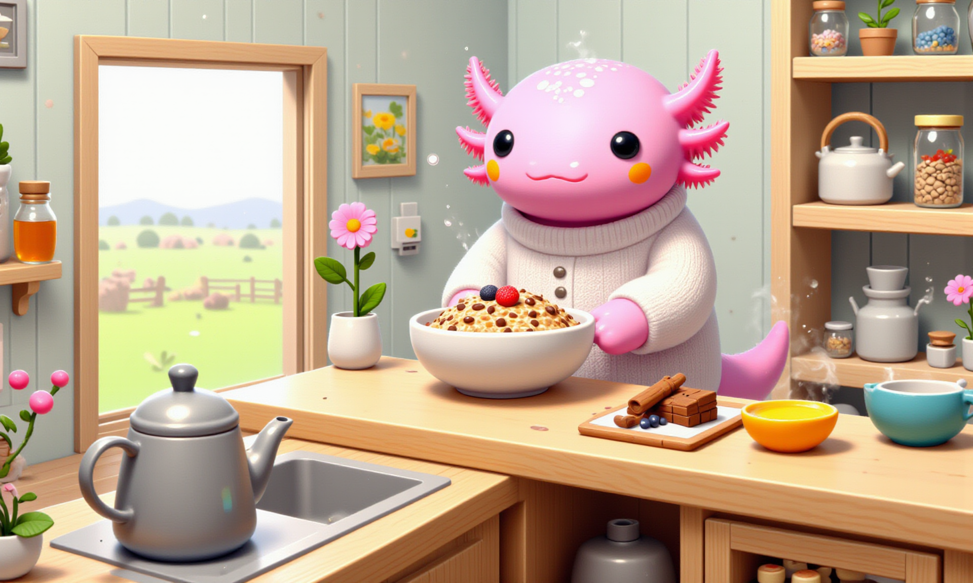 digital illustration in a vibrant, cartoon style, featuring (SUBJECT), axolotl, image of tiny cute anthropomorphized axolotls with pink frilly gills and round black eyes,  close-up of a pink axolotl in a miniature farmhouse kitchen, wearing a tiny sweater, seated at a wooden table with a bowl of steaming oatmeal topped with berries and honey; its round black eyes are peaceful, and its frilly gills sway gently as it enjoys the warmth; nearby, tiny jars of cinnamon and honey, a rustic teapot, and a small flower in a vase add detail, while the tilt-shift effect blurs the surrounding farm-style cabinets and window with a view of a misty field, creating a serene, homey breakfast scene<lora:Axomodel_Flux_V2.safetensors:1.0:1.0> <lora:Katamari_Damacy_Style_FLUXCaption-000015.safetensors:1:1>