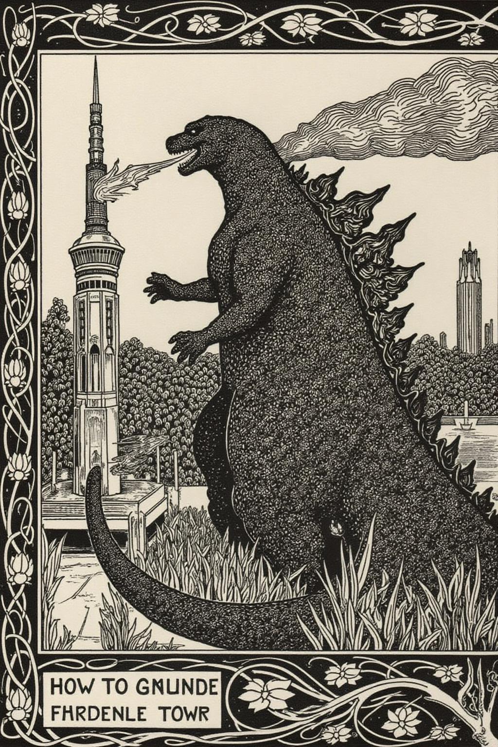 aubea1 illustration. Godzilla standing beside Tokyo tower, breathing fire <lora:aubea2_cap_d6a3:1.0><lora:823904439963304356:0>