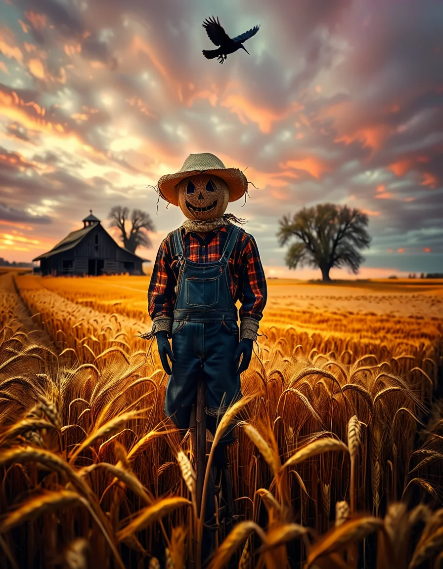 A solitary scarecrow standing in the middle of a vast golden wheat field at dusk,wh34t f13ld at dusk, dressed in rustic, worn-out farmer's clothing. The scarecrow is wearing a tattered plaid shirt, faded overalls, and a wide-brimmed straw hat that is slightly tilted. Its head is made of a burlap sack, with simple, stitched features forming an eerie yet friendly smile. The arms are outstretched, with old gloves tied to the ends of wooden poles, and straw spilling out from the sleeves and pant legs. The golden wheat stalks surround it, gently swaying in the breeze, while the warm light of the setting sun creates a serene atmosphere. The sky is painted in vivid hues of orange, pink, and purple, with long shadows stretching across the field. In the distant background, a small wooden barn and a line of dark silhouettes of trees complete the rural, tranquil scene. The overall mood is a blend of calmness and subtle mystery, evoking the charm of countryside life at twilight.
<lora:SDXLFaeTastic2400:0.4> <lora:extremely_detailed:0.4> extremely detailed, <lora:wh34t_f13ld_at_dusk:1>, Masterpiece,best quality,hi res,8k,hi res,8k,award winning,(sharp focus, intricate, highly detailed),