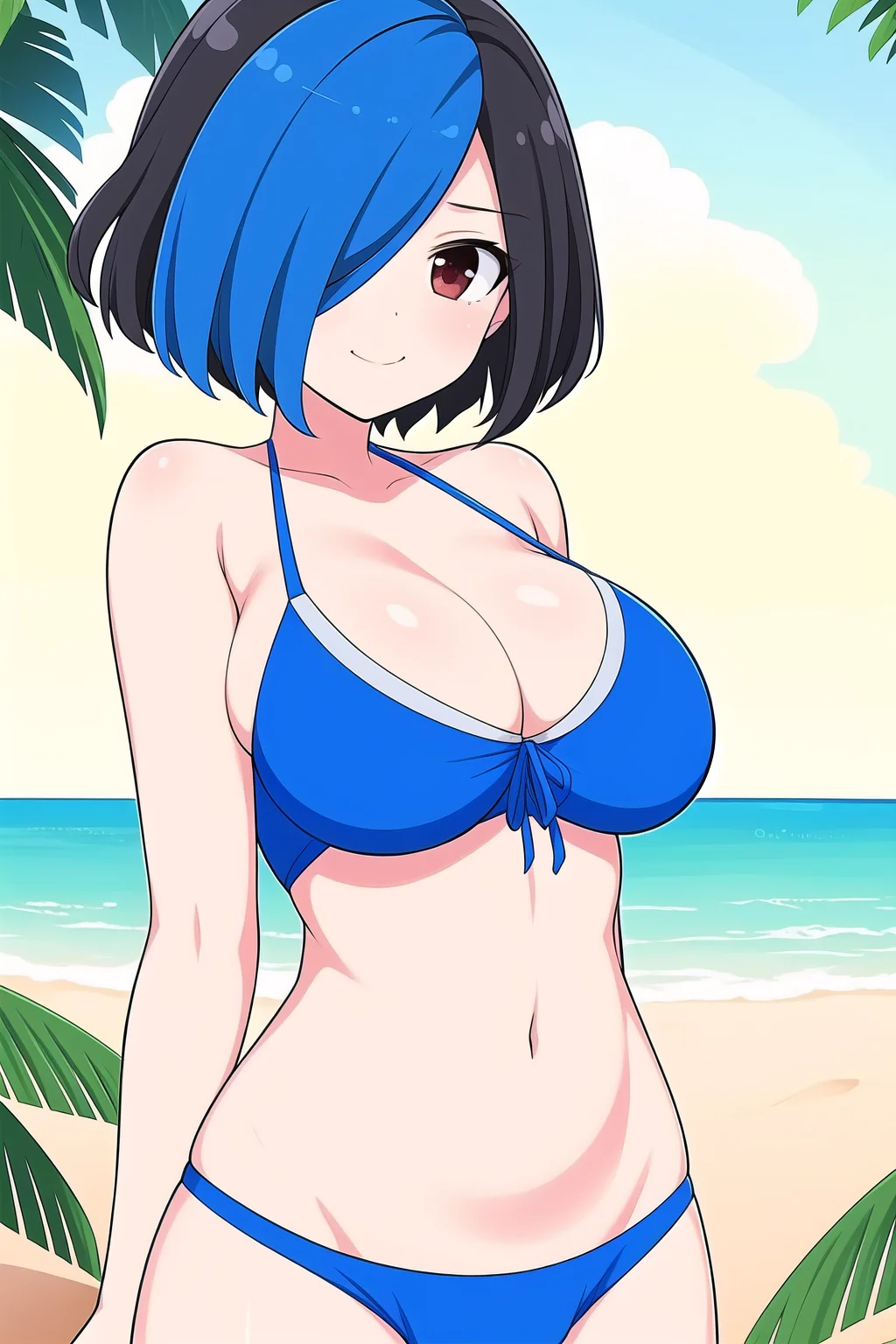 (masterpiece, best quality), highly detailed background, perfect lightingbest quality, sakyouSK, solo, outdoors, beach, black hair, two-tone hair, blue hair, short hair, hair over one eye, red eyes, large breasts, blue bikini, <lora:GoodHands-vanilla:1>, swimsuit, smile, closed mouth, <lora:Sakyou_Senran-Kagura:0.7>