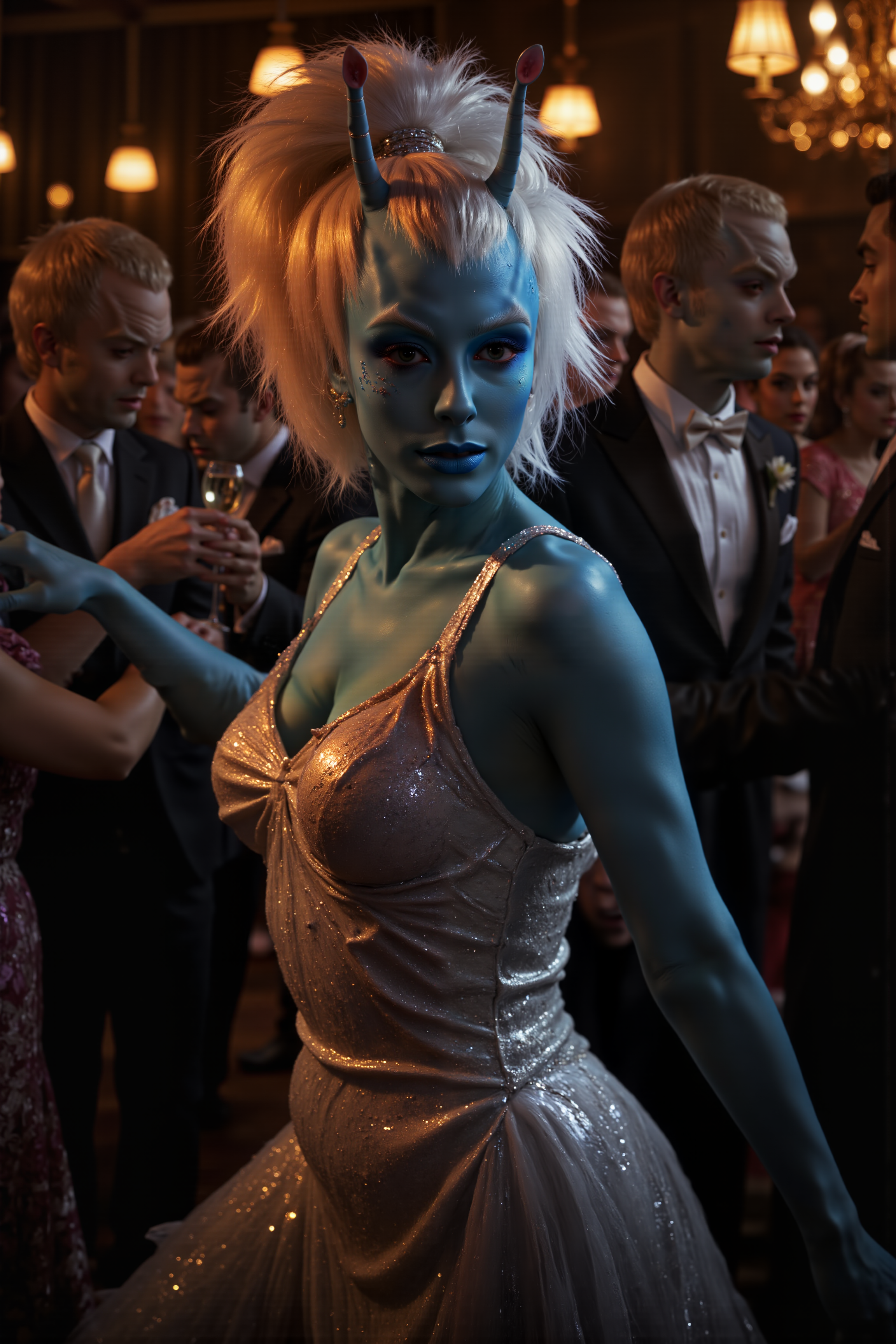 A hyper-realistic portrait, photorealistic photo close-up image of  In a lively, jazz-filled speakeasy, an Andorian woman with a sleek, silver ponytail dances wildly in a shimmering, fringed dress that sparkles under the soft amber lights. Her blue skin glows faintly in the dim room, her movements full of energy and grace as she twirls to the rhythm of the live band playing on stage. Around her, humans in elegant suits and flapper dresses dance and laugh, the air thick with the sound of clinking glasses and lively conversation. Her antennae sway in time with the music, and a wide, carefree smile spreads across her face as she links arms with two of her friends, spinning in a joyful circle. A waiter passes by with a tray of champagne, and without missing a beat, she grabs a glass mid-dance, taking a quick sip before rejoining the dance floor. Her ponytail swings wildly with each move, and as the music hits a crescendo, she leaps into the air, her dress and hair catching the light in a dazzling display. The night is young, and the atmosphere is electric with excitement and laughter. (photography, high-resolution, dynamic, energetic,hyper-realistic, dramatic lighting, shallow depth of field.), detailmaximizer, MythP0rt<lora:midjourney_whisper_flux_lora_v01:0.55><lora:aidmaMJ6.1-FLUX-V0.1:0.4><lora:FluxMythP0rtr4itStyle:0.4><lora:detailed_flux_ntc:2.2><lora:aidmaImageUpgrader-FLUX-V0.1:0.65><lora:andorian_FLUX>