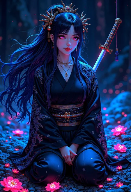 Best quality, neon light, a beautiful girl wearing intricate detailed black kimono holding an iridescence glowing katana, made of liquid metal, in a fantasy art style, with long dark blue hair, sitting on the ground covered in bioluminescence floral, with a highly detailed face and beautiful eyes <lora:FluxMythP0rtr4itStyle:1> mythp0rt