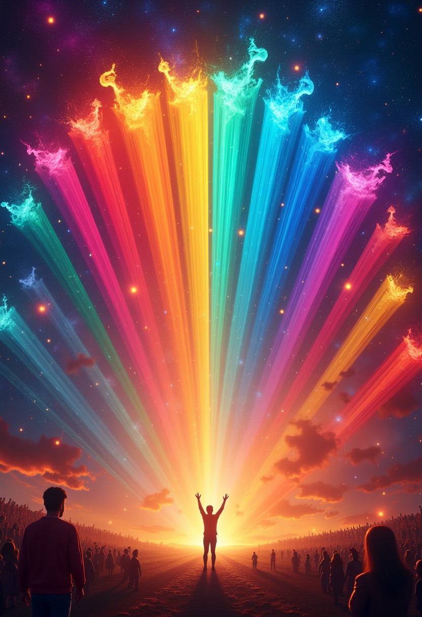 Cinematic still, "The symphony of rainbows, a chorus of colors, celebrating the diversity of the human spirit.", superhero symbolism, cinema, 
PsyDreamer, aidmaimageupgrader