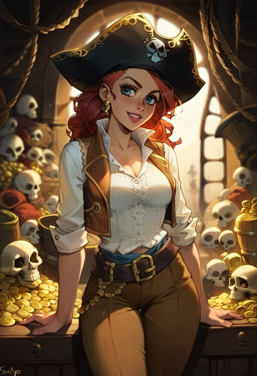 score_9, score_8_up,  score_8_up,  sexy woman,  pirate, pirate hat,  vest on bare body, brown pants, thick belt, skull island, sunny day, gold, treasure,     highly detailed,  dynamic lighting,  depth of field, absurdres, best quality,