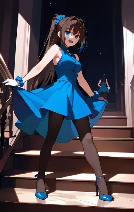 <lora:PONY_character_aozaki_aoko:1>,aozaki_aoko,dress,pantyhose,blue_dress,stairs,open_mouth,side_ponytail,gloves,smile,skirt_hold,1girl,high_heels,white_gloves,:d,solo_focus,bracelet,scrunchie,looking_at_viewer,sleeveless_dress,jewelry,sleeveless,blue_footwear,standing,2girls,multiple_girls,, score_9, score_8_up, score_7_up, score_6_up,1girl