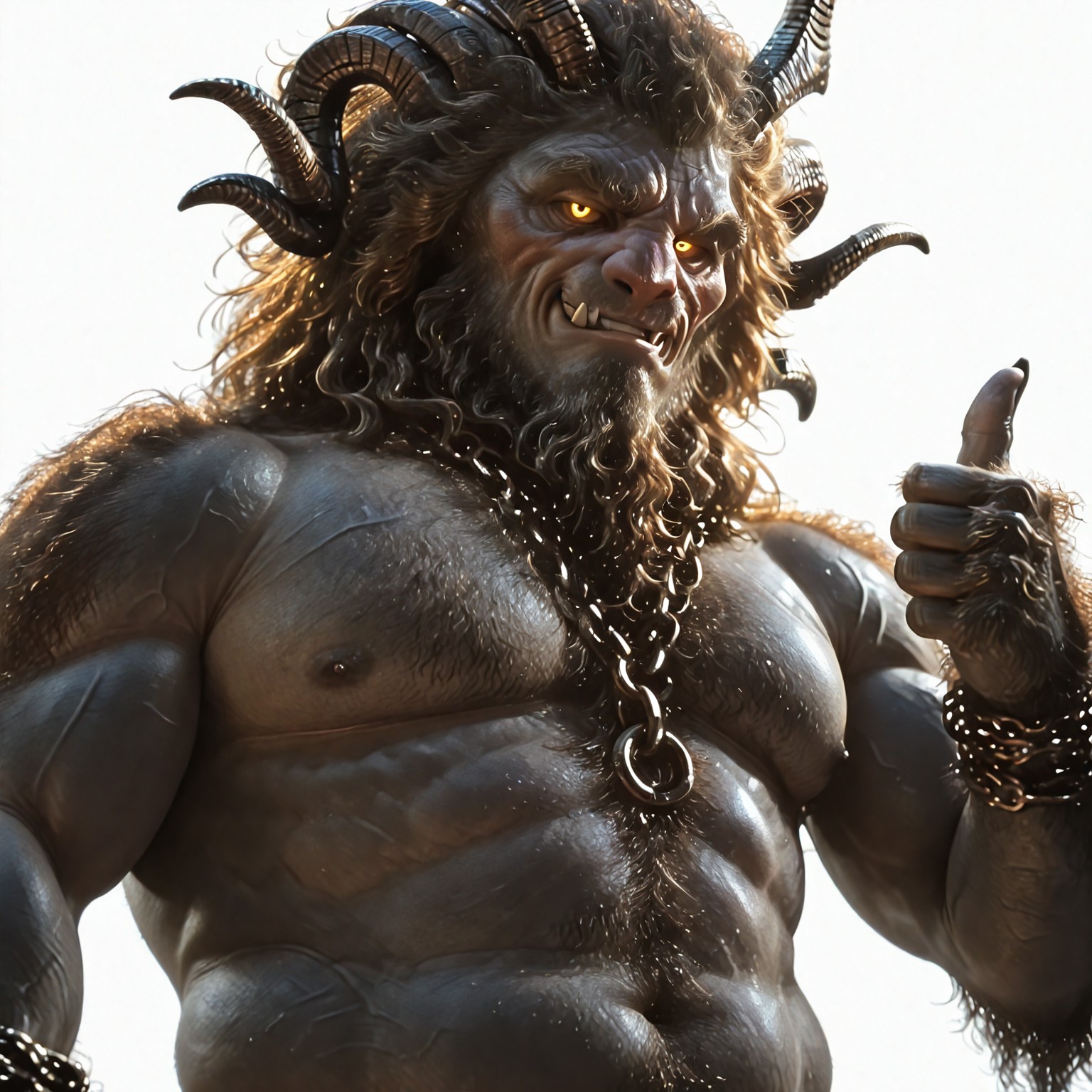 masterpiece, absurd res, best quality, newest, 2024, 8k, 4k, solo male, upper body, krampus, humanoid monster, hairy, horns, chains, naughty face, plump, smirk, looking at viewer, thumbs up, upper body, white background, 