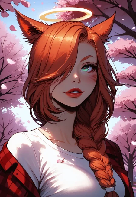safe_pos, score_9,score_8_up,score_7_up,score_6_up, 1girl, sexy woman, miqo'te, FemmeMiq, cat girl, cat ears, animal ears, animal ear fluff, ((woman with ginger braided hair)), braid over shoulder, hair covering one eye, bold makeup, red lips, long eyelashes, eyeliner, ((large expressive teal eyes)), hourglass figure, medium breast, perky breast, perfect round ass, dark eyeliner, long eyelashes, dark pupils, high contrast shadows, ((white t-shirt showing midriff)), ((red plaid shirt over t-shirt)), jean shorts with belt, skater shoes, high res image, masterpiece, dynamic shot, <lora:Expressive_H:0.65>, <lora:incase-ilff-v3-4:0.5> <lora:g0th1cPXL:0.45>, <lora:princess_pony_v1:0.1> <lora:Branwen_QBR:0.7>, high gradient eyes, eyesHD, dynamic pose, dynamic, detailed eyes, high definition eyes, amazing quality, wallpaper, looking at viewer, extreme close-up, close-up, innocent face, innocent look, big smile, beaming smile, angel halo floating over head, angel halo, halo, innocent, park, cherry blossom trees, cherry blossoms, pink petals falling around girl