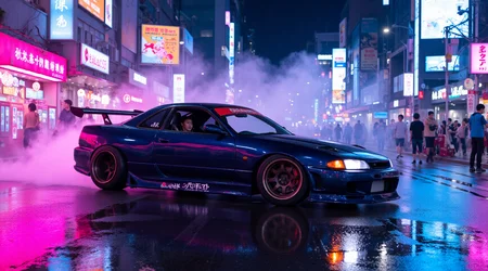 A sleek JDM sports car drifting through a neon-lit Tokyo street at night.
Rain-soaked asphalt reflecting vibrant pink and blue city lights. Detailed body kit, lowered stance, wide tires, glowing underglow lights. Japanese signs and vending machines in the background, cinematic angle with motion blur, tire smoke, ultra-detailed reflections.
8K resolution, sharp focus on the car, high dynamic range lighting, inspired by Initial D and Tokyo street racing culture