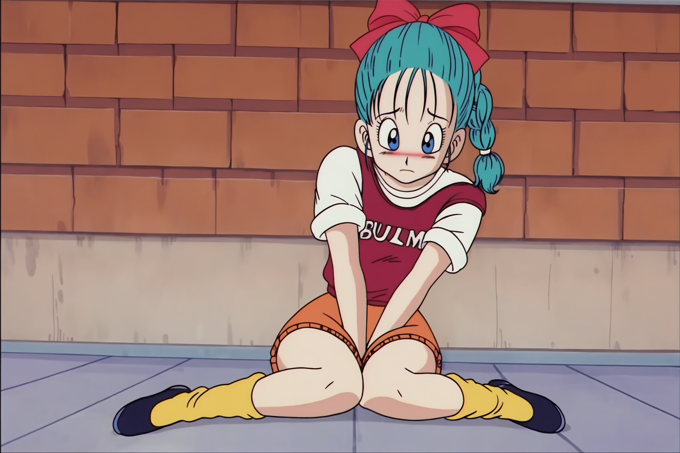 source_anime, score_9, score_8_up, score_7_up, anime screencap, absurdres,
braided ponytail, single braid, 
bulma \(dragonball\), 1980s \(style\), retro artstyle, 21st, 1girl, brick wall, solo, blush, short hair, skirt, pink bracelet, orange skirt, yellow legwear, black footwear, knees together feet apart, red vest, vest over shirt, shirt, outstretched arms, embarrassed, shoes, sitting, covering crotch, aqua hair, closed mouth, white shirt, short sleeves, raised eyebrows, eyebrows, eyelashes
<lora:DB_Bulma_v1:0.8>