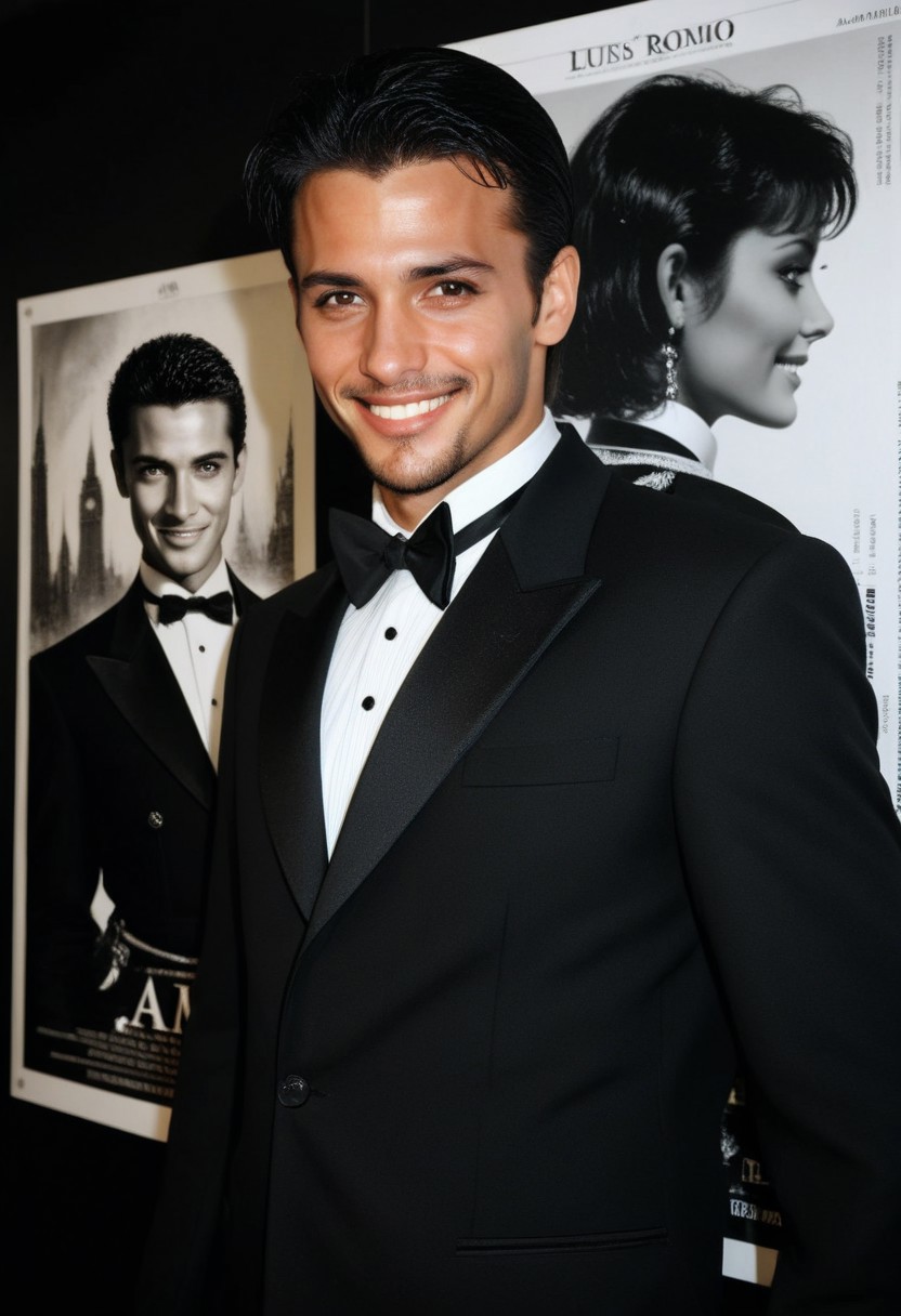 raw photo, 28yo male agent AM33R stand in front of posters, wearing (tuxedo uniform),short elegant hair
