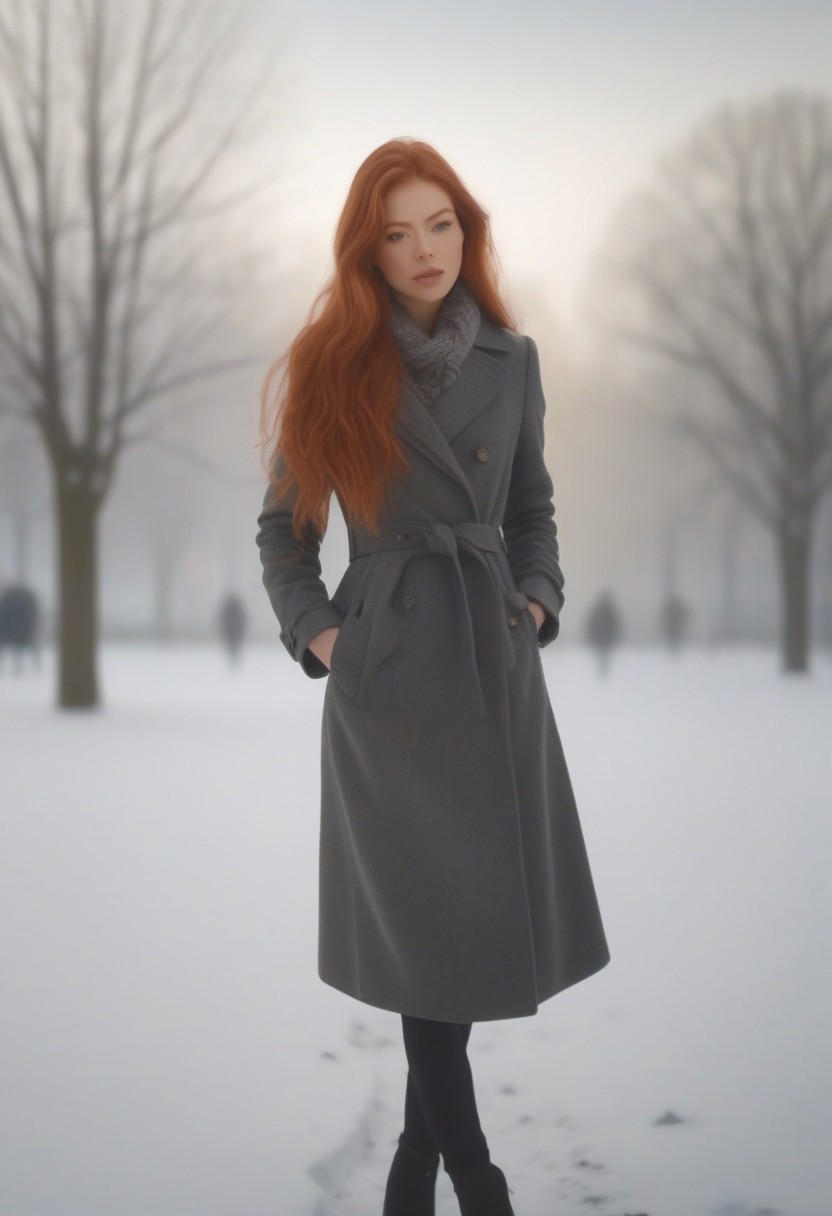 em5588, best illustration, illustration, masterpiece, best quality, ultra-detailed, photo of beautiful woman ,seductive, red hair. coat  ,in the park, spring, snow  ,  masterpiece) (best quality) (detailed) (8k) (HDR) (wallpaper) (cinematic lighting) (sharp focus) (intricate)