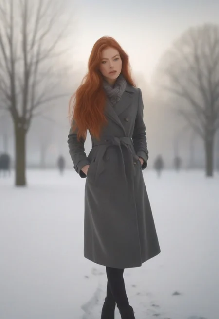 em5588, best illustration, illustration, masterpiece, best quality, ultra-detailed, photo of beautiful woman ,seductive, red hair. coat  ,in the park, spring, snow  ,  masterpiece) (best quality) (detailed) (8k) (HDR) (wallpaper) (cinematic lighting) (sharp focus) (intricate)