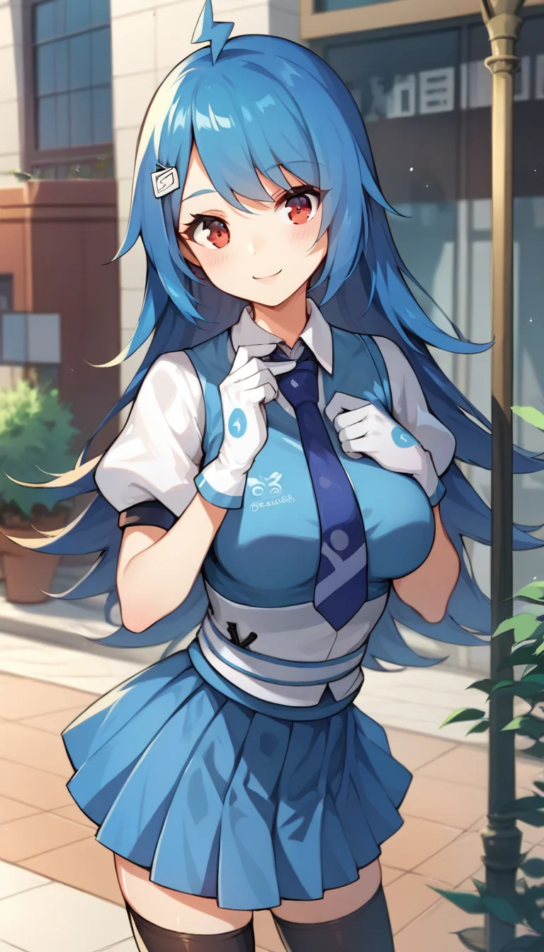 score_9,score_8_up,score_7_up,score_6_up BREAK official art,solo,outdoors,upper body,(portrait:1.5),looking at viewer,facing viewer,smile,blush,22,ahoge,long hair,blue hair,hair ornament,hairclip,bangs,red eyes,blue vest,blue necktie,white shirt,collared shirt,puffy short sleeves,white gloves,medium breasts,miniskirt,blue skirt,pleated skirt,zettai ryouiki,black thighhighs,loafers,black footwear,<lora:22 Niang(bilibili)-Pony:1.5>,