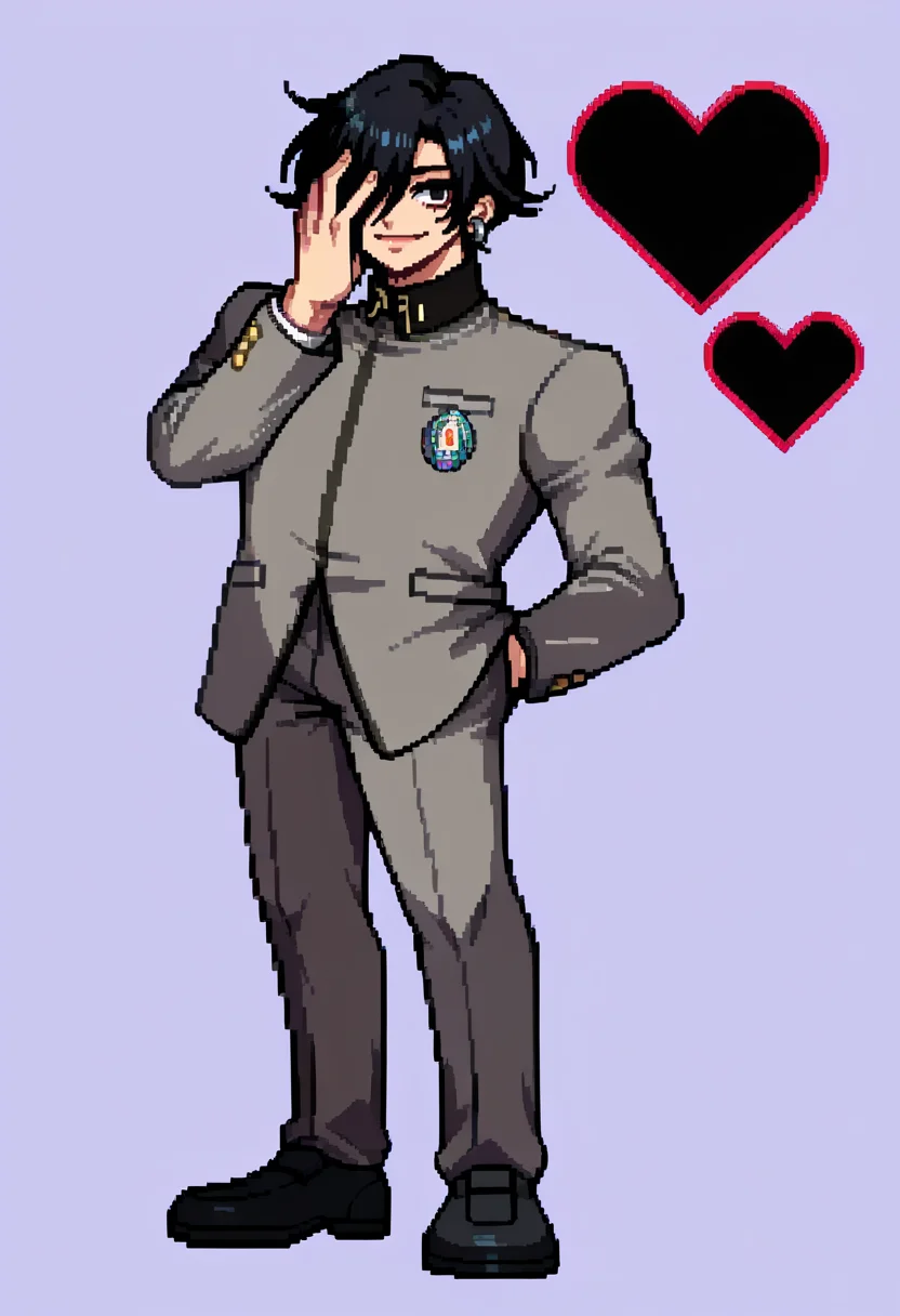 score_9, score_8_up, score_7_up, source_anime, BREAK, solo, 1boy,  smile, looking at viewer,  <lora:CPS2-pdxl_Fp:1>, simple background, full body, pixel art,  <lora:Naoya-pdxl_Fp:1>, naoyap1, school uniform, grey pants, single earring, emblem. black hair, black eyes, short hair, hand over eye, hand over face,