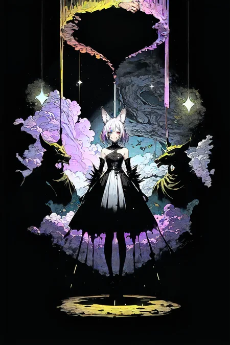 (split, heaven and hell:1.4), cavern, clouds, (multicolored background, multicolored lights, magic, black hole), 1girl, solo, standing, full body, armored dress, white dress, purple hair, smug, short hair